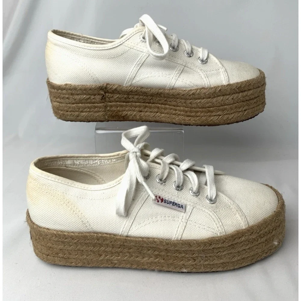 Superga Platform Espadrille Sneakers Womens Size 7.5 EU38 Ivory Cotton S0099Z0